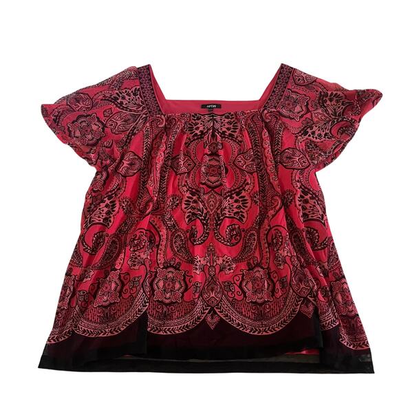 NWT Pink Black Paisley Mesh Overlay Square Neck Blouse Plus Size 1X Boho - Picture 1 of 8